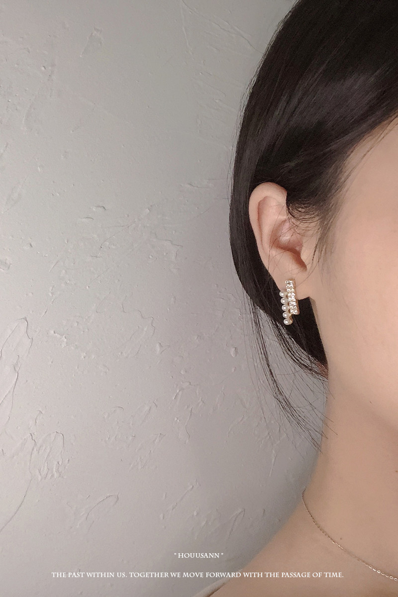 s925 Pure silver pearl water drill ear nails in simple cold earring round face appears thin ear decorations female allergy