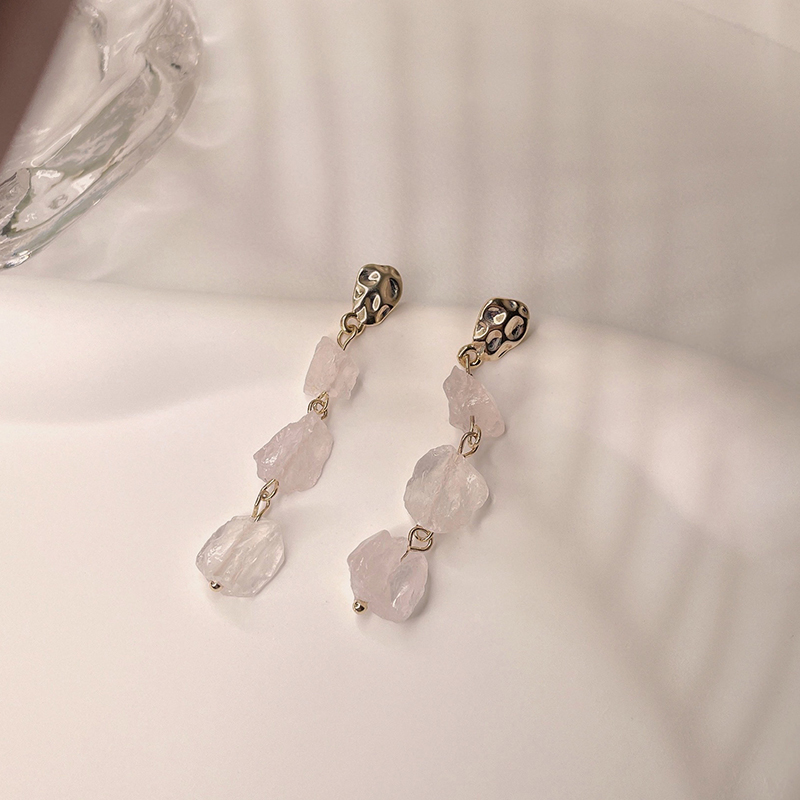 s925 sterling silver pink rock sugar pear white crystal natural stone earrings slim irregular long earrings earrings