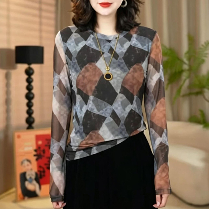 Double-Layer Mesh High-End Round-Neck Long-Sleeve Top, Stylish and Versatile, Loose Fit, Age-Reducing, Slimming, and Figure-Flattering Base Shirt for Women