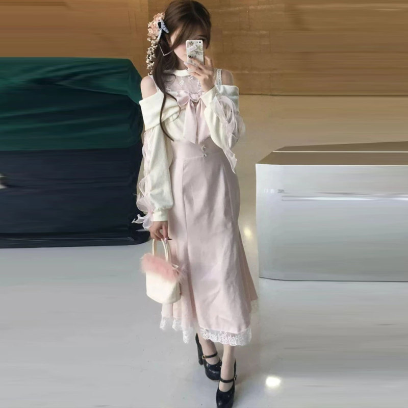 Plus-Size French-Style High-End Light Luxury Off-Shoulder Long-Sleeve Dress for Women, Autumn and Winter, Slightly Chubby Women, Waist-Cinching, Slimming, Elegant Long Dress