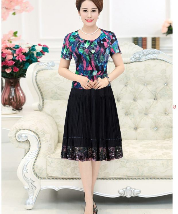 Mùa hè nửa váy dài mẹ nhảy múa váy trung niên cộng với size váy lớn đu váy thun eo - Váy chân váy caro