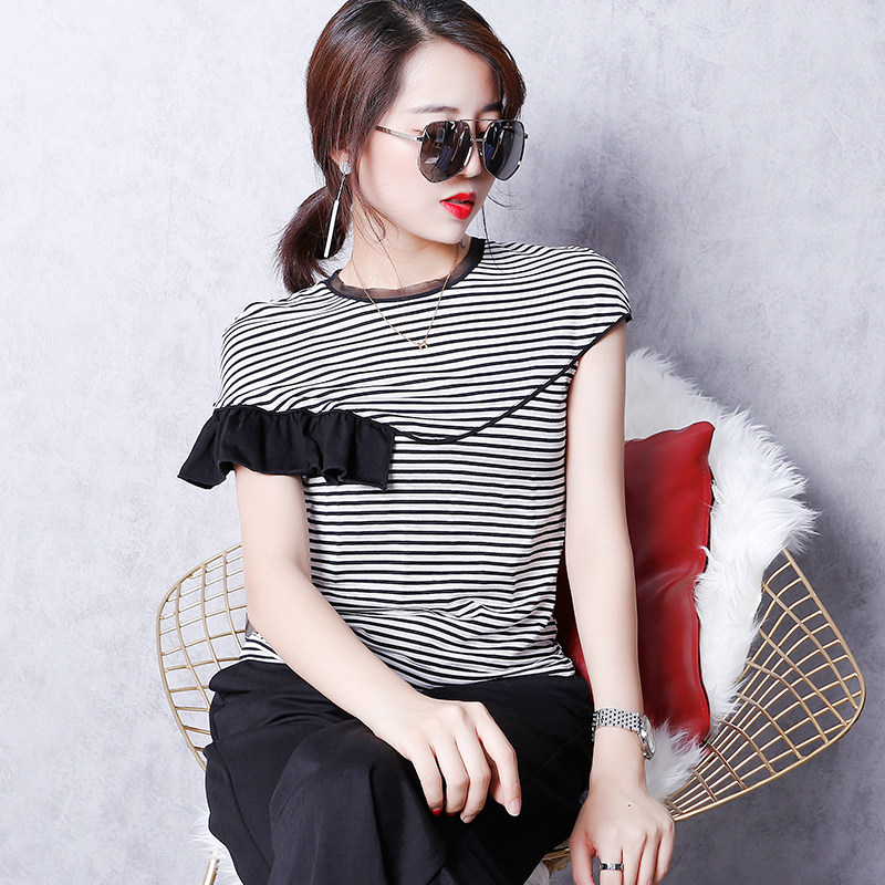 Luxury Shell Okuku Black and White Strip T - shirt irregularly spliced up tops and thin Han Fan Short Sleeve 2020 new models