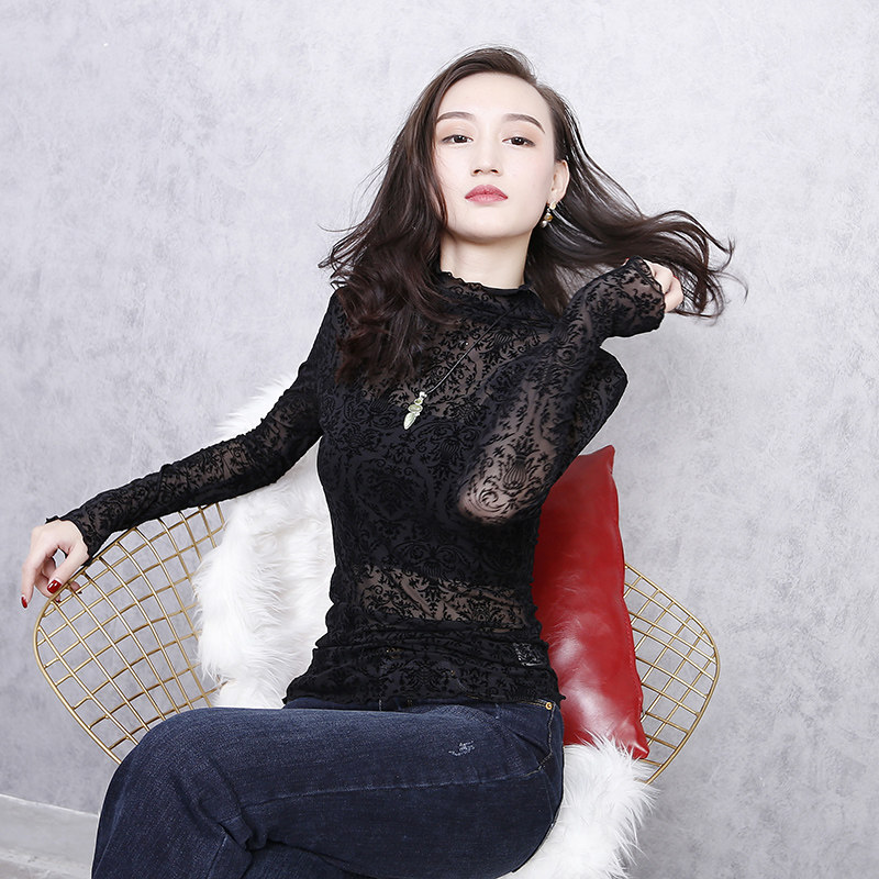 2020 Spring and autumn new fashion women with slim and long sleeves High collar 100 hitch up for body mesh yarn blouses