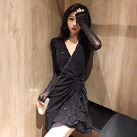 Mùa thu của phụ nữ new chic tính khí thời trang V-Cổ chữ thập dây rút ren dài tay áo không thường xuyên đuôi cá ăn mặc váy trễ vai