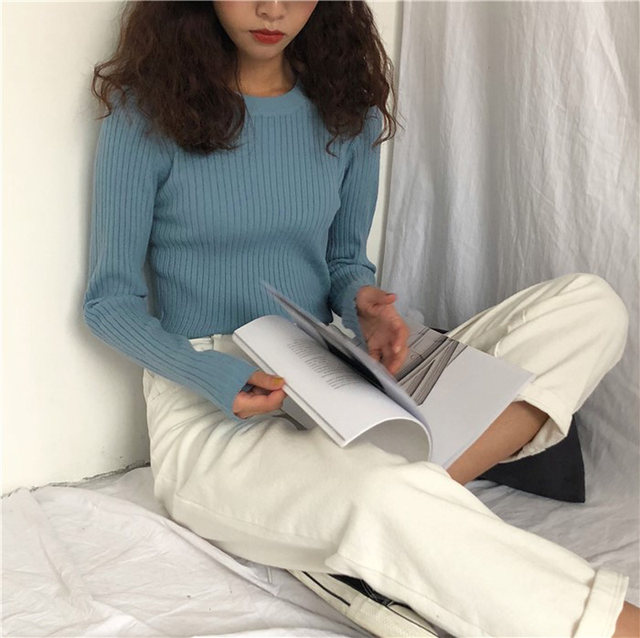 Gentle in soft milk blue sweater retro small fresh candy color sweater slim fit within light blue sweater for women