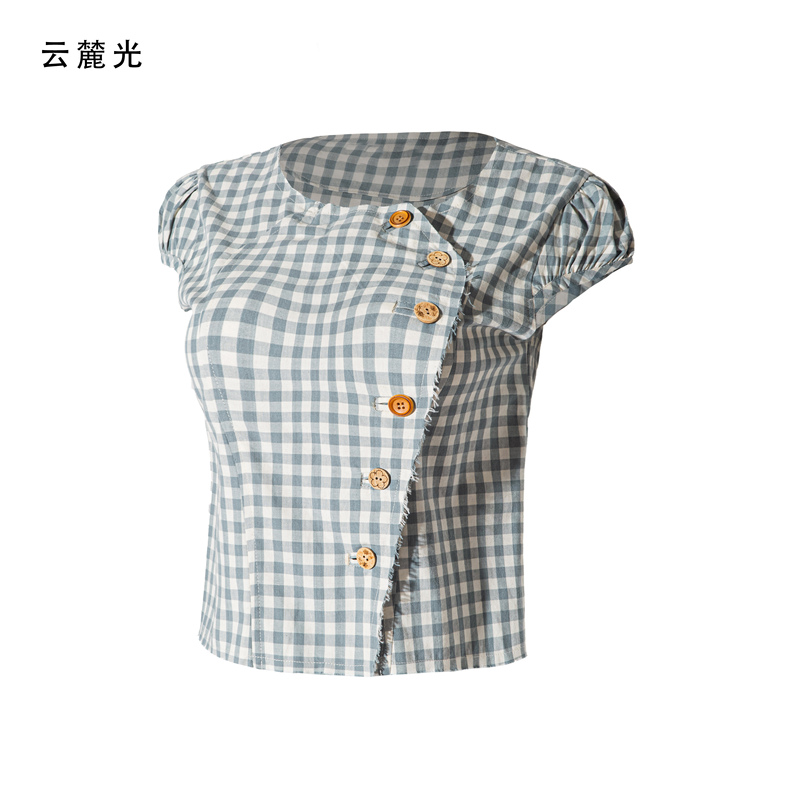 Yunluguang Korean Retro Plaid Short-Sleeved Shirt for Women, Summer Waist-Cinching Short Top, Fashionable Niche Design Shirt