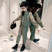 Spring and autumn girls set leisure childrens work wear casual pants in the big children autumn fashion short coat childrens clothing 12 years old