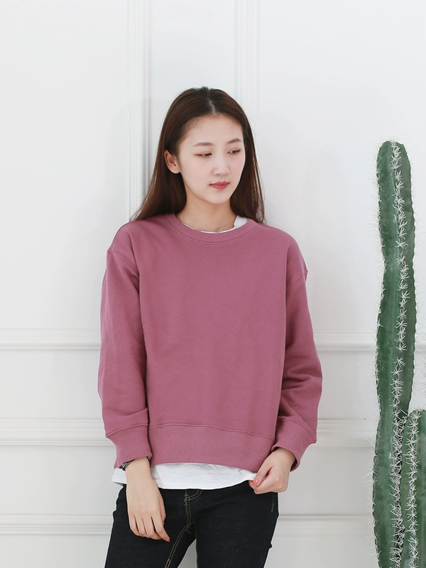 Áo len cổ tròn màu đơn sắc của phụ nữ terry jumper mùa xuân và mùa thu áo thể thao giản dị áo khoác cotton dài tay