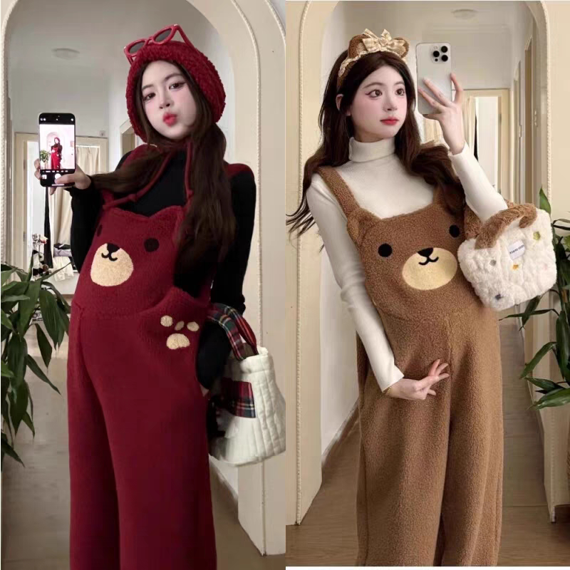 Maternity Autumn and Winter Overalls Set, Thickened and Fleece-Lined with Lamb Wool, Two-Piece Set, Sweet and Cute, 2025 New Winter Style