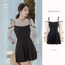 Sling one-piece swimsuit womens skirt belly thin long sleeve sunscreen conservative fashion fairy girl 2021 New