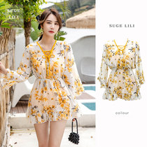 Large size floral swimsuit womens three-piece set split fairy fan long sleeve fat mm Conservative belly thin breast bubble hot spring