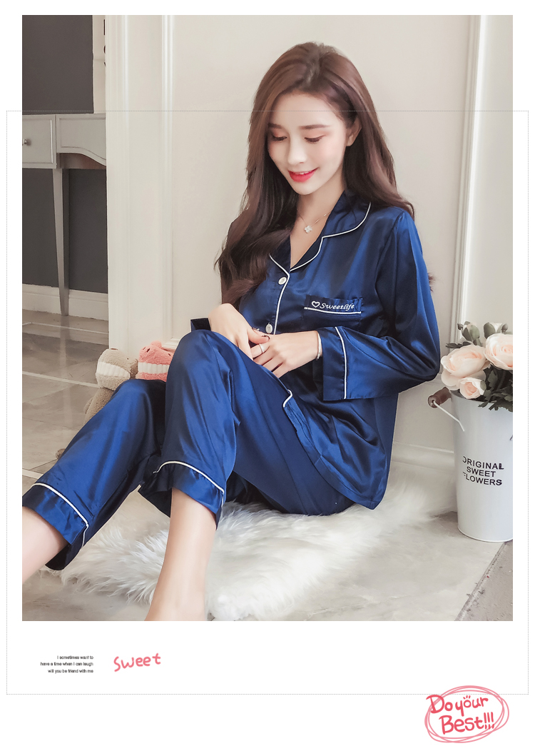 Đồ ngủ nữ mùa xuân và mùa thu đông Hàn Quốc phiên bản dài tay dễ thương băng lụa tươi cho học sinh có thể mặc một bộ đồ lụa thực sự phục vụ tại nhà bộ đồ mặc nhà mùa hè