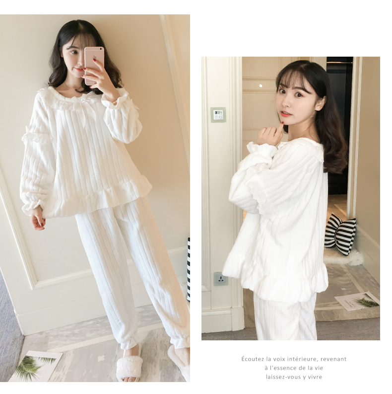Bộ đồ ngủ flannel nữ mùa thu và mùa đông Hàn Quốc của công chúa tươi rói dày sinh viên tay dài lông cừu san hô phục vụ nhà đồ bộ trung niên