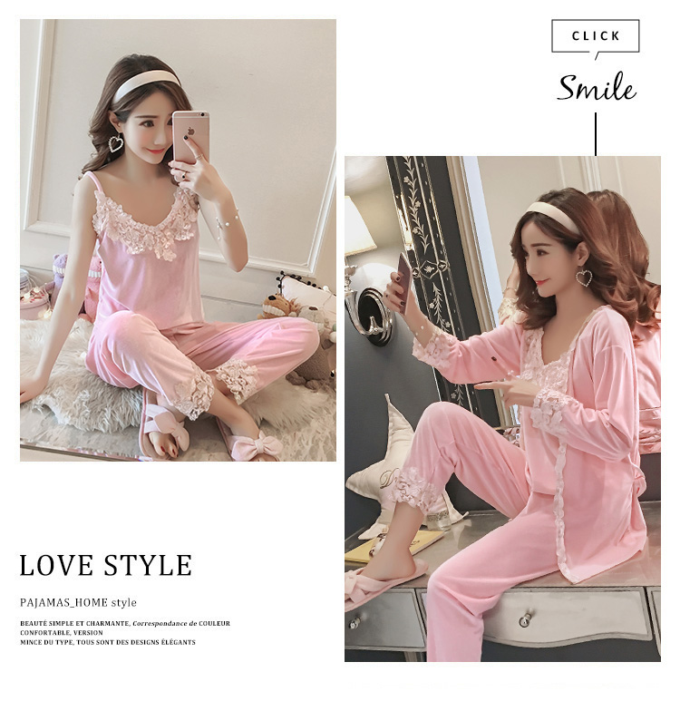 Phiên bản Hàn Quốc của mùa thu và mùa đông dài tay nhung vàng đồ ngủ phụ nữ phù hợp với bộ đồ ba mảnh sling áo choàng lông san hô lông cừu dịch vụ nhà có thể được mặc nội y cao cấp