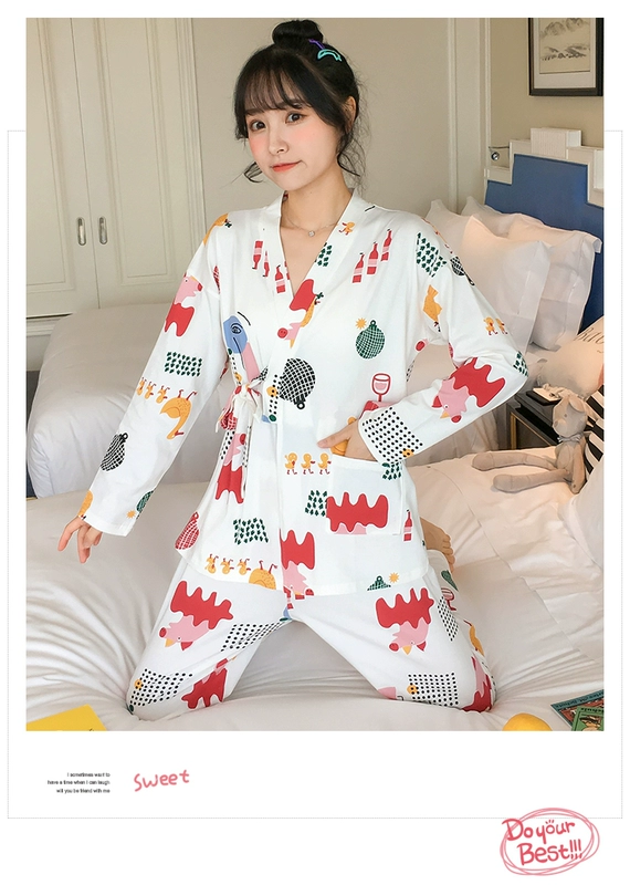 Bộ đồ ngủ phong cách Nhật Bản phụ nữ mùa xuân và mùa thu cotton tinh khiết dài tay kimono Hàn Quốc ngọt ngào và dễ thương bộ đồ mỏng phần mùa thu và mùa đông dịch vụ tại nhà - Bộ Pajama