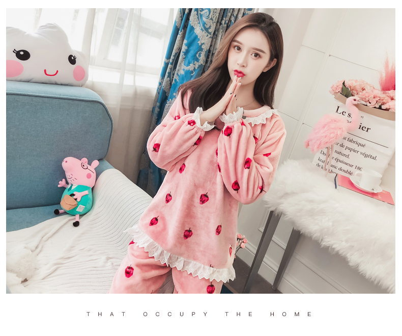 Phiên bản Hàn Quốc của đồ ngủ mùa đông phụ nữ mùa đông flannel dày sinh viên tươi và ngọt ngào dễ thương san hô lông cừu phù hợp với dịch vụ nhà pijama nữ