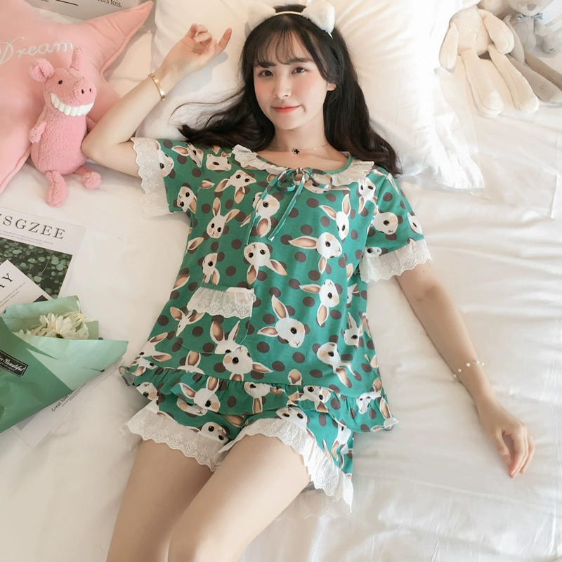 Đồ ngủ nữ cotton mùa hè Hàn Quốc ngọt ngào và dễ thương sinh viên mỏng thỏ hai mảnh phù hợp với mùa hè dịch vụ tại nhà của phụ nữ - Bộ Pajama