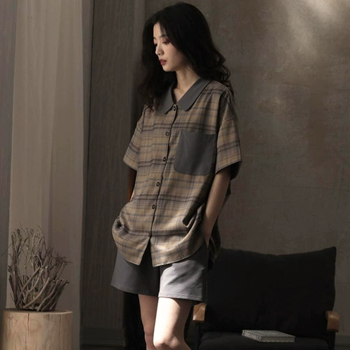 Хлопковая тонкая пижама, комплект, летний ретро кардиган, шорты, короткий рукав, 2021 года, свободный крой