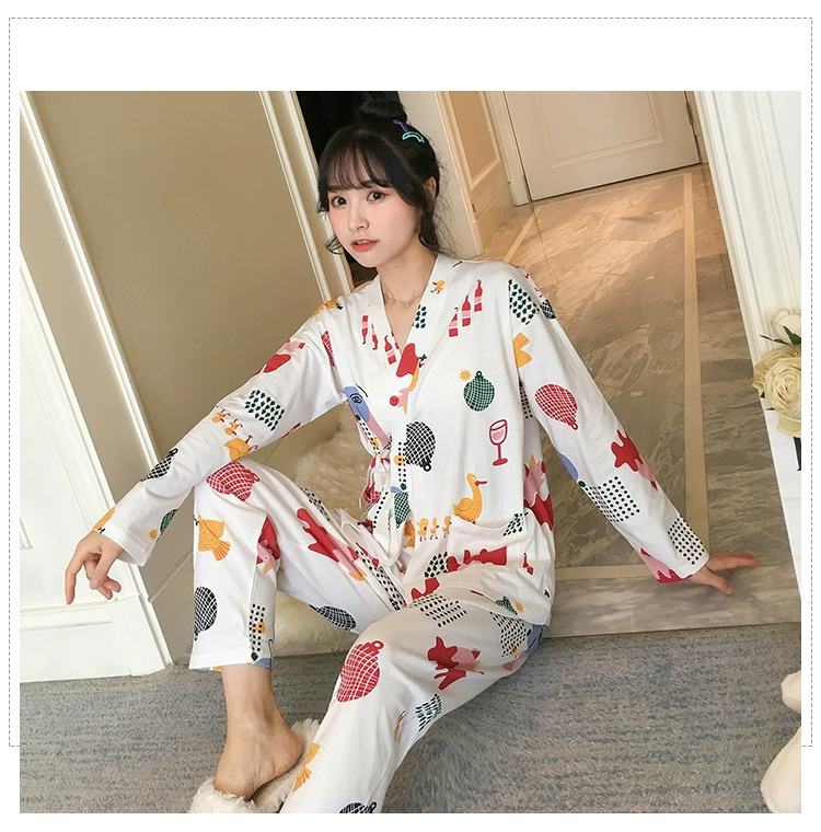 Bộ đồ ngủ phong cách Nhật Bản phụ nữ mùa xuân và mùa thu cotton tinh khiết dài tay kimono Hàn Quốc ngọt ngào và dễ thương bộ đồ mỏng phần mùa thu và mùa đông dịch vụ tại nhà - Bộ Pajama