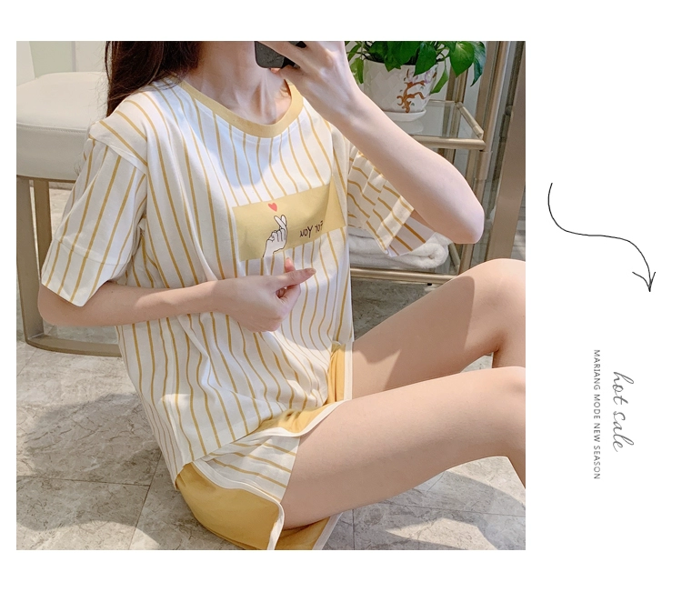 Bộ đồ ngủ nữ cotton mùa hè Hàn Quốc ngắn tay hai dây kiểu dáng suông rộng dễ thương có thể mặc ngoài đồ mặc nhà mùa hè - Cặp đôi