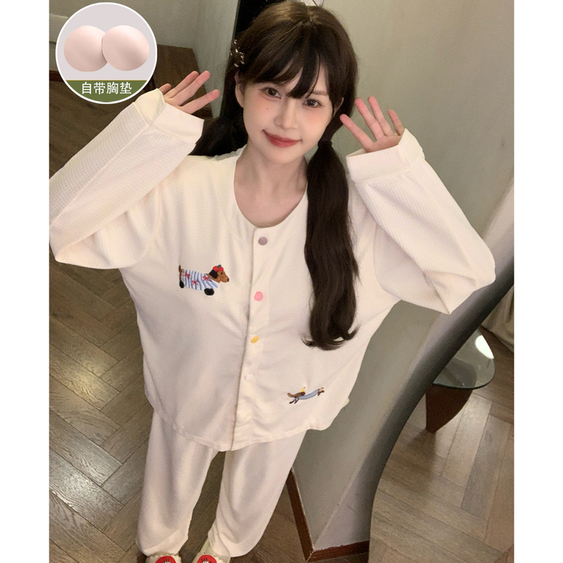 Pajamas with Breast Pads for Women, Spring and Autumn, Korean Style, Dachshund Cartoon, Waffle Pattern, Pure Cotton, Long Sleeves, 2026 New Style Loungewear