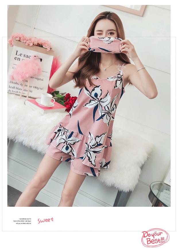 Bộ đồ ngủ nữ mùa xuân và mùa hè ngắn tay cotton sling hai mảnh phù hợp với phiên bản Hàn Quốc của lụa tươi sinh viên có thể mặc dịch vụ tại nhà đồ bộ ống suông