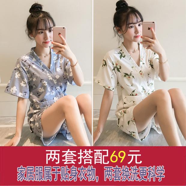 Bộ đồ ngủ nữ mùa hè ngắn tay tươi mát của sinh viên Hàn Quốc kimono băng lụa hai mảnh phù hợp với dịch vụ nhà cotton mùa hè có thể mặc bên ngoài pijama nam
