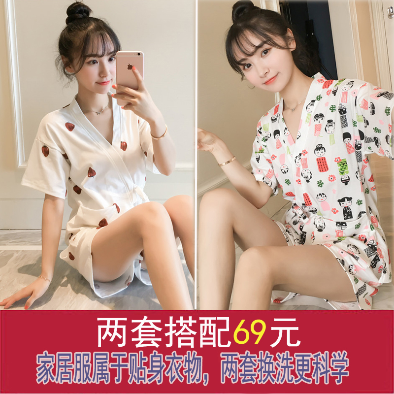 Bộ đồ ngủ nữ mùa hè ngắn tay tươi mát của sinh viên Hàn Quốc kimono băng lụa hai mảnh phù hợp với dịch vụ nhà cotton mùa hè có thể mặc bên ngoài pijama nam