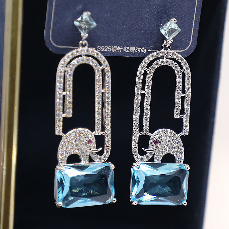 清仓重工微镶钻欧美气质个性时尚耳饰清新浅蓝色大象方块耳坠耳环