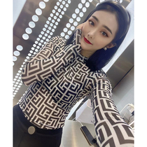 Early autumn 2021 new plaid long sleeve T-shirt female Korean version of thin round neck bottoming shirt printed slim jacket tide