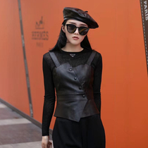 Strap leather waistcoat women wear single-breasted black waistcoat coat design short retro camisole