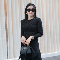 Early autumn long sleeve T-shirt women's spring and autumn new ins tide niche design irregular bottoming shirt pleated split coat
