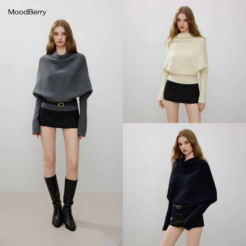 Moodberry American Retro Bat-Sleeve Sweater for Women in Autumn and Winter, Design Waist Slimming Pullover Knitted Top
