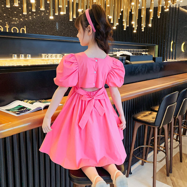 Girls Dress Summer Dress 2023 Foreign Style Net Red Little Girl Solid Color Round Neck Puff Sleeves Big Boys Fashionable Princess Dress