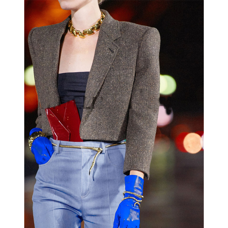 Short French Retro Niche Tweed Woven Three-Dimensional Shoulder Pad Jacket Coat Blazer Waist-Cinching Slimming Autumn
