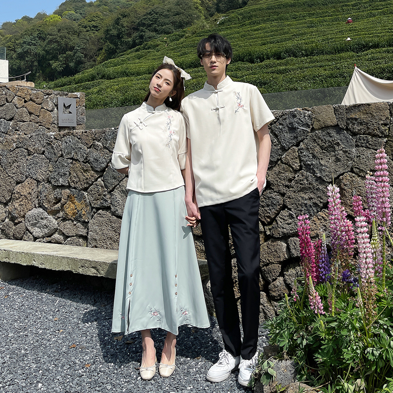 Chinese Style Couple Outfits Summer Short-Sleeved Suits Artistic Retro Tops Women's Skirts Republic of China Tang Suit Male and Female Student Class Uniforms Chinese Style Couple Outfits Summer Short-Sleeved Suits Artistic Retro Tops Women's Skirts Republic of China Tang Suit Male and Female Student Class Uniforms