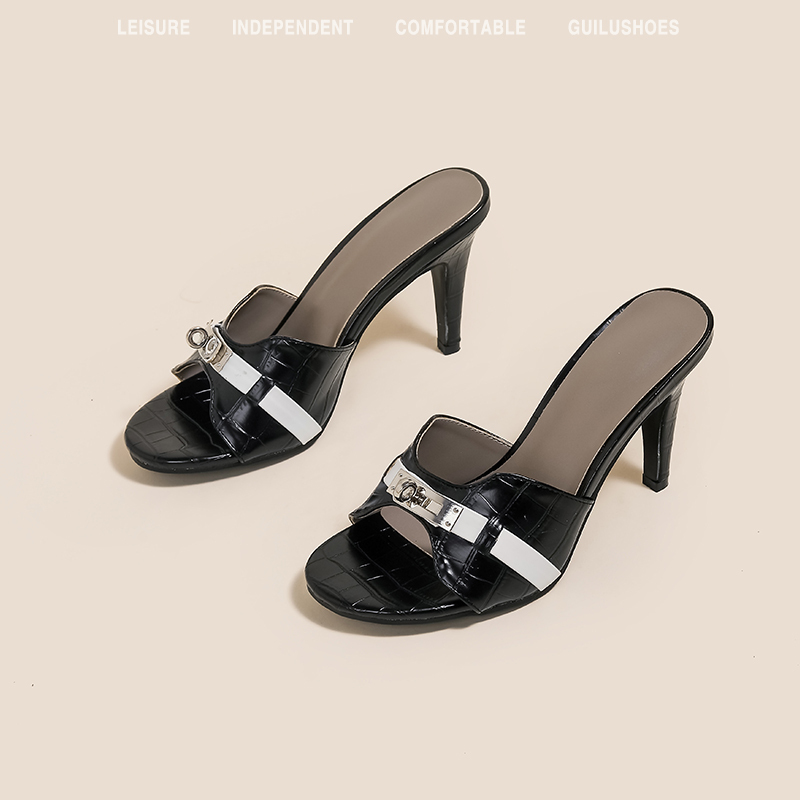 Genuine Leather Version ~ Korean Crocodile Pattern High-Heeled Sandals for Women, Summer Open-Toe with Small Gold Buckle, Stiletto Heel Sandals