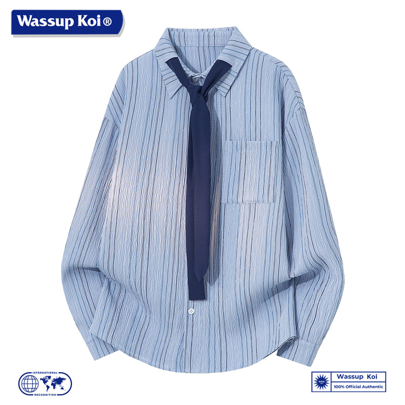 Wassup Koi Collaboration Japanese-Style Striped Shirt for Men, Long-Sleeved, Lapel Collar, Tie Design, Loose Fit, Versatile Trendy Shirt Wassup Koi Collaboration Japanese-Style Striped Shirt for Men, Long-Sleeved, Lapel Collar, Tie Design, Loose Fit, Versatile Trendy Shirt