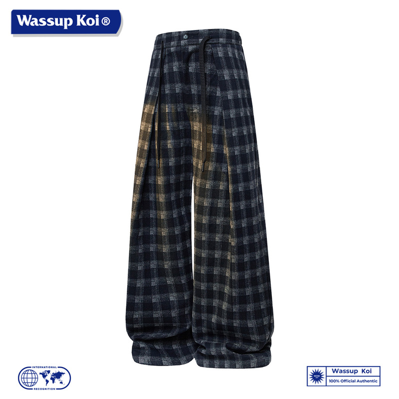 Wassup Koi Collaboration American-Style Trendy Retro Plaid Straight-Leg Pants for Men, Casual Loose Long Pants for Men