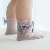 0-6-12 months newborn baby socks Spring Summer Bow lace female baby cotton loose solid color socks