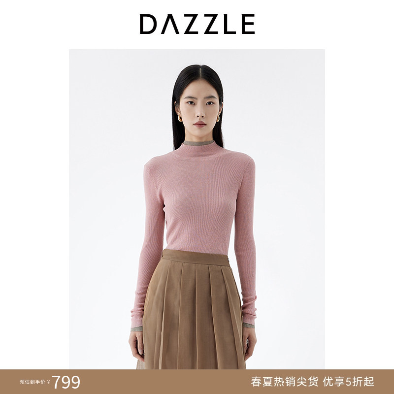Dazzle Plain Wool Knit Sweater Spring Pink Turtleneck Base Sweater for Women