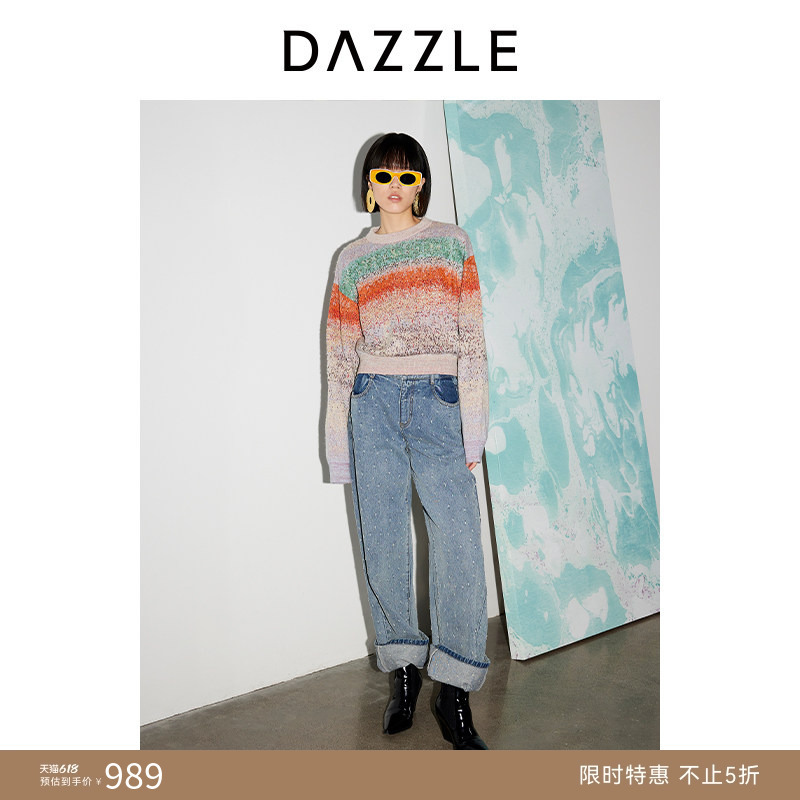 Dazzle Women's Sweater Spring and Autumn Rainbow Sequin Embroidered Knitwear Dazzle Women's Sweater Spring and Autumn Rainbow Sequin Embroidered Knitwear