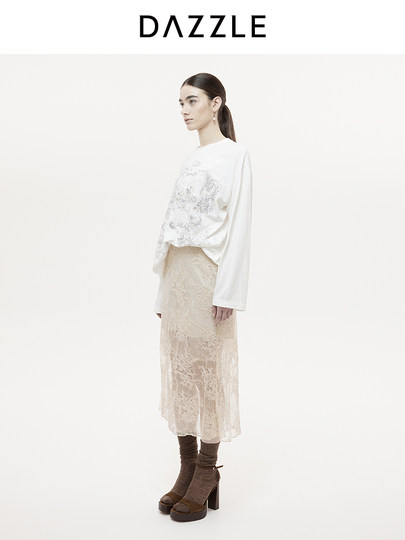 DAZZLE Dazzle Skirt 2025 Осенне-зимняя новая длинная юбка-русалка из кружева цвета экрю для женщин.