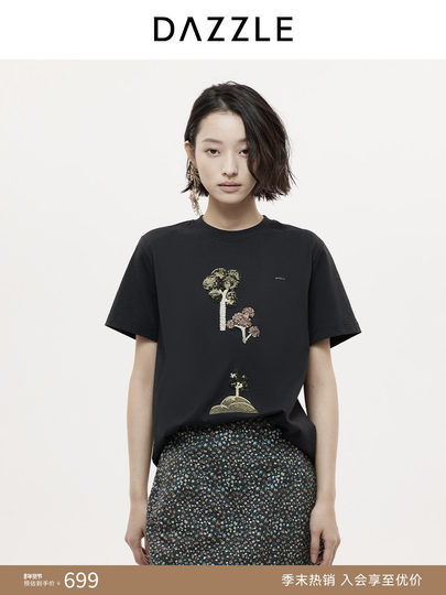 [Hot-Selling Restock] Dazzle T-Shirt 25 Autumn Black Plant Heavy Embroidery Short-Sleeve T-Shirt