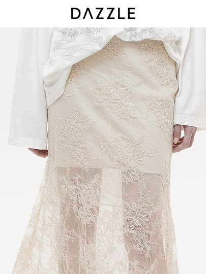 DAZZLE Dazzle Skirt 2025 Осенне-зимняя новая длинная юбка-русалка из кружева цвета экрю для женщин.