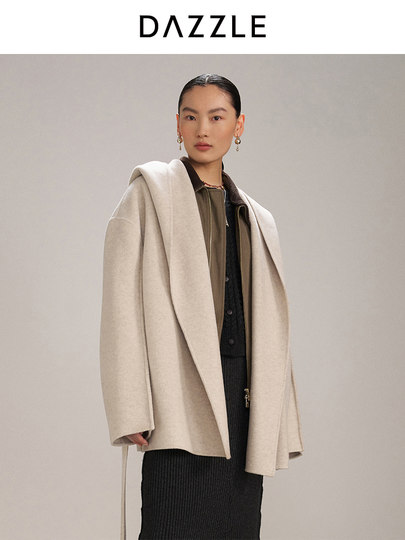 Dazzle 2025 Winter New All-Wool Hooded Mid-Length Lazy Woolen Coat