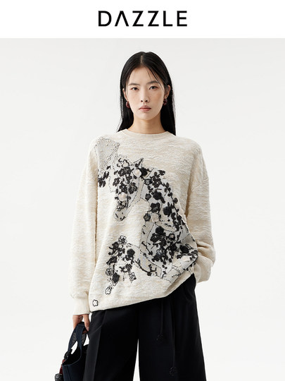 [New Year Green Series] Dazzle 26 Spring Merino Wool Blend Plum Blossom Long Sleeve Knitted Top