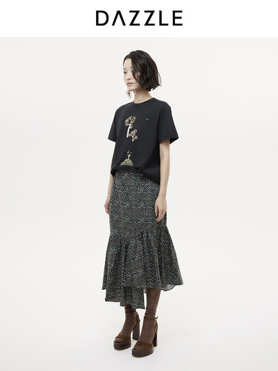 [Hot-Selling Restock] Dazzle T-Shirt 25 Autumn Black Plant Heavy Embroidery Short-Sleeve T-Shirt