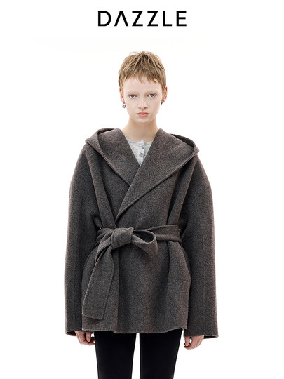 Dazzle 2025 Winter New All-Wool Hooded Mid-Length Lazy Woolen Coat