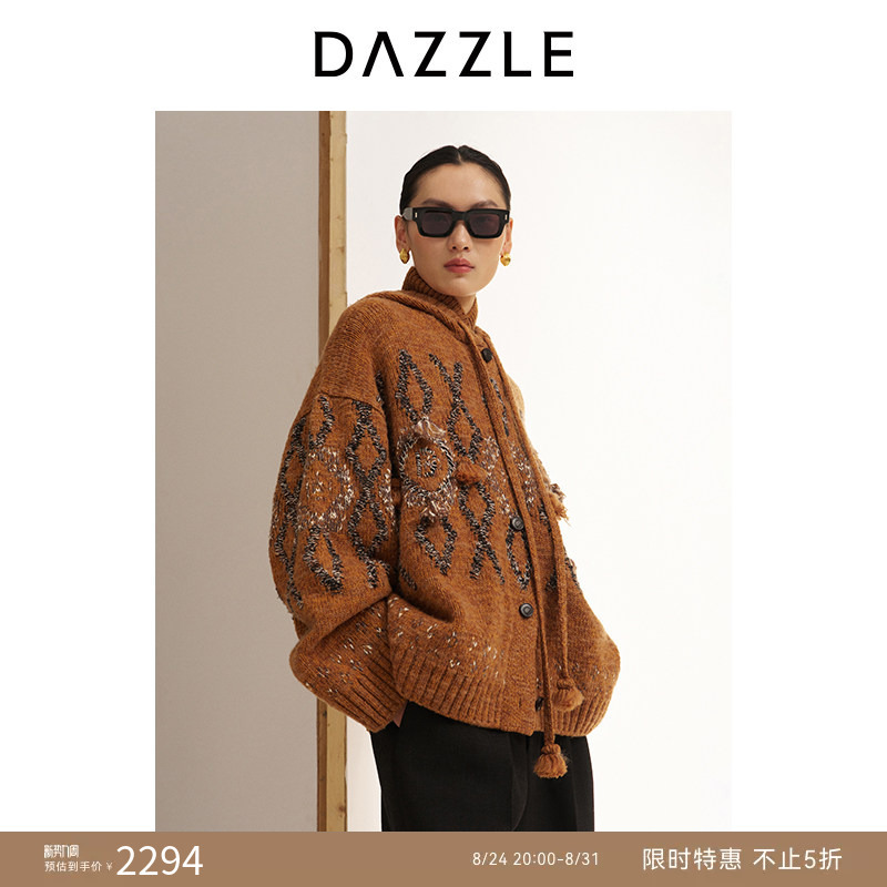 Dazzle Winter Wool Blend Fair Isle Jacquard Melard Hooded Sweater Cardigan Jacket for Women